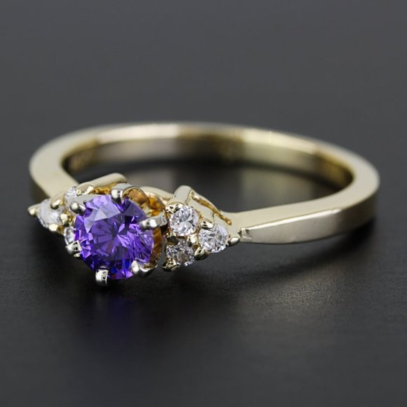 14k Yellow Gold Solitaire Amethyst & CZ Cubic Zirconia Gemstone Anniversary Ring